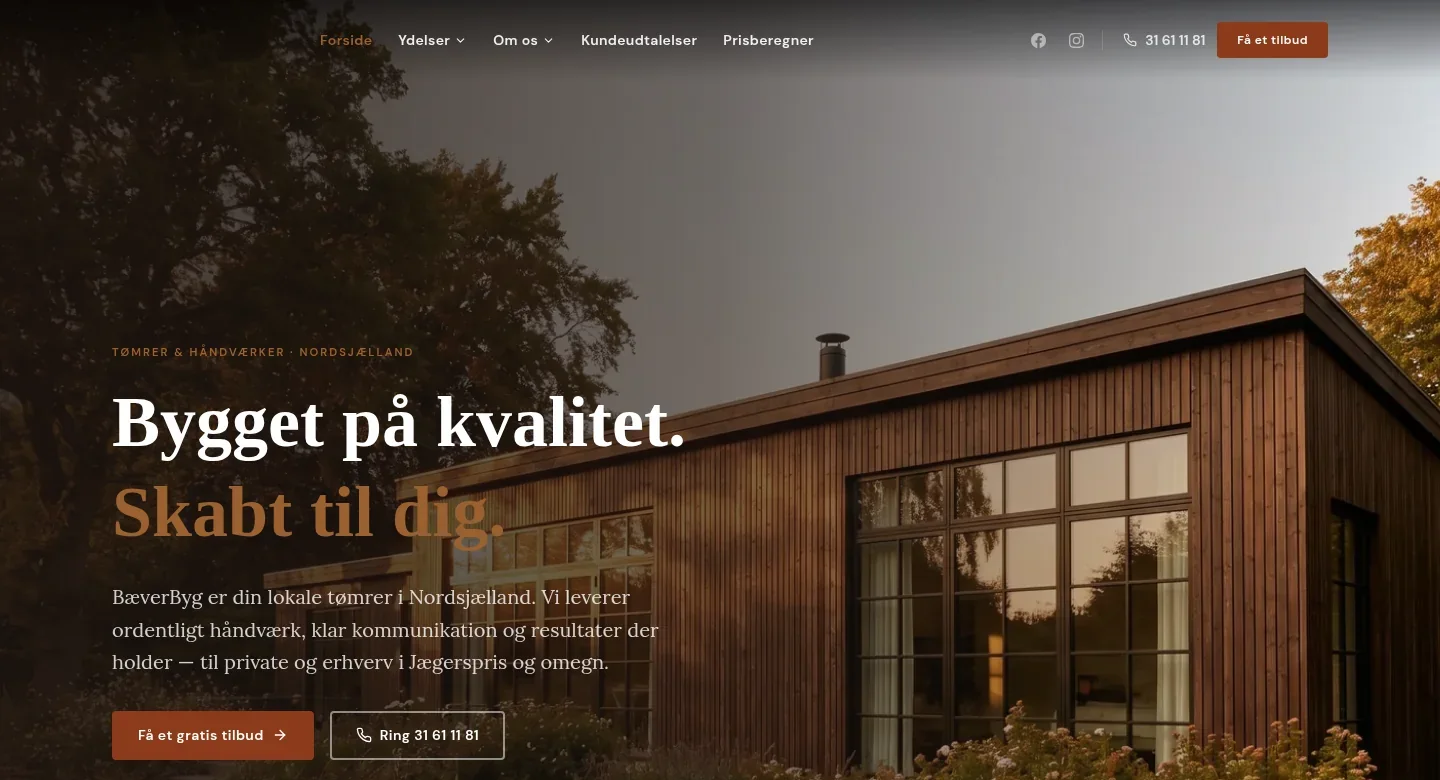 BæverBygs offentlige hjemmeside med præsentation af tømrerarbejde i Nordsjælland.