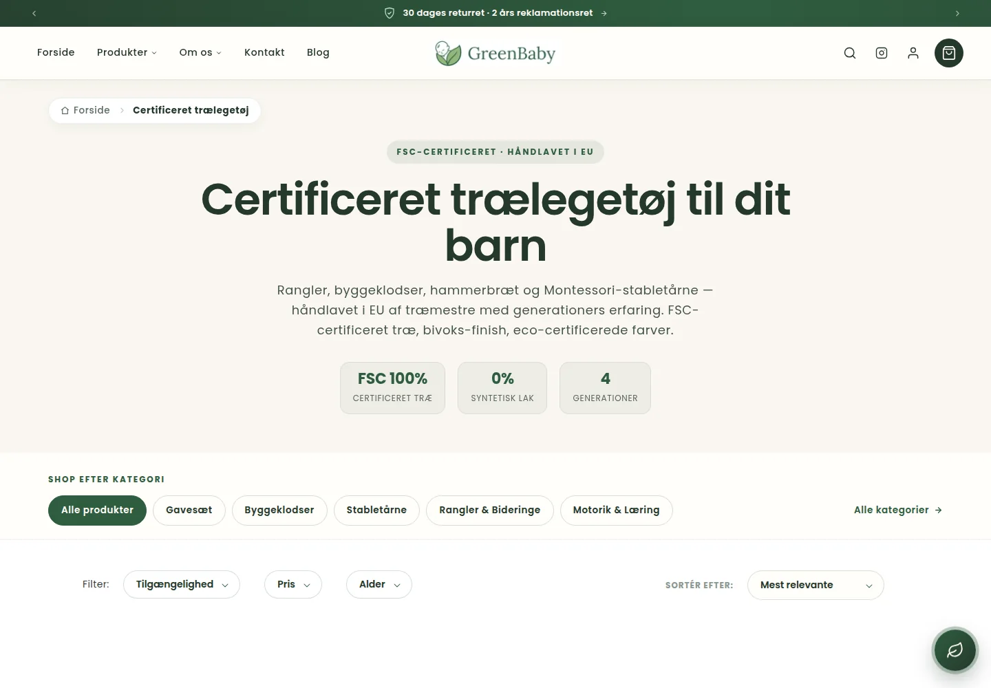 GreenBabys webshop på desktop med produktkategorier og filtre for trælegetøj.