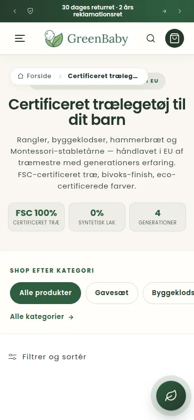 Mobilvisning af GreenBabys webshop med kategorier og filtrering for trælegetøj.