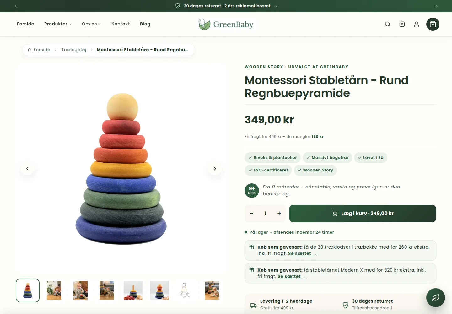 GreenBabys produktside med produktbillede, produktinformation og læg-i-kurv-funktion.